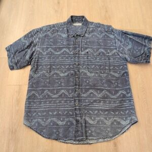 Vintage Bugle Boy Company Mens Large Tribal Geometric Ramie Cotton Button Shirt